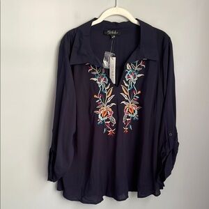 New Anthropologie RD & Koko Floral Embroidered Navy Tunic Top Size 2X